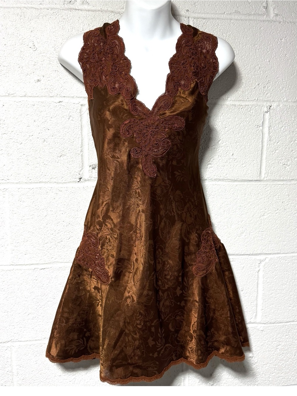 Vtg Victoria's Secret Gold Label Satin Chemise Slip Dress Brown Bronze Jacquard